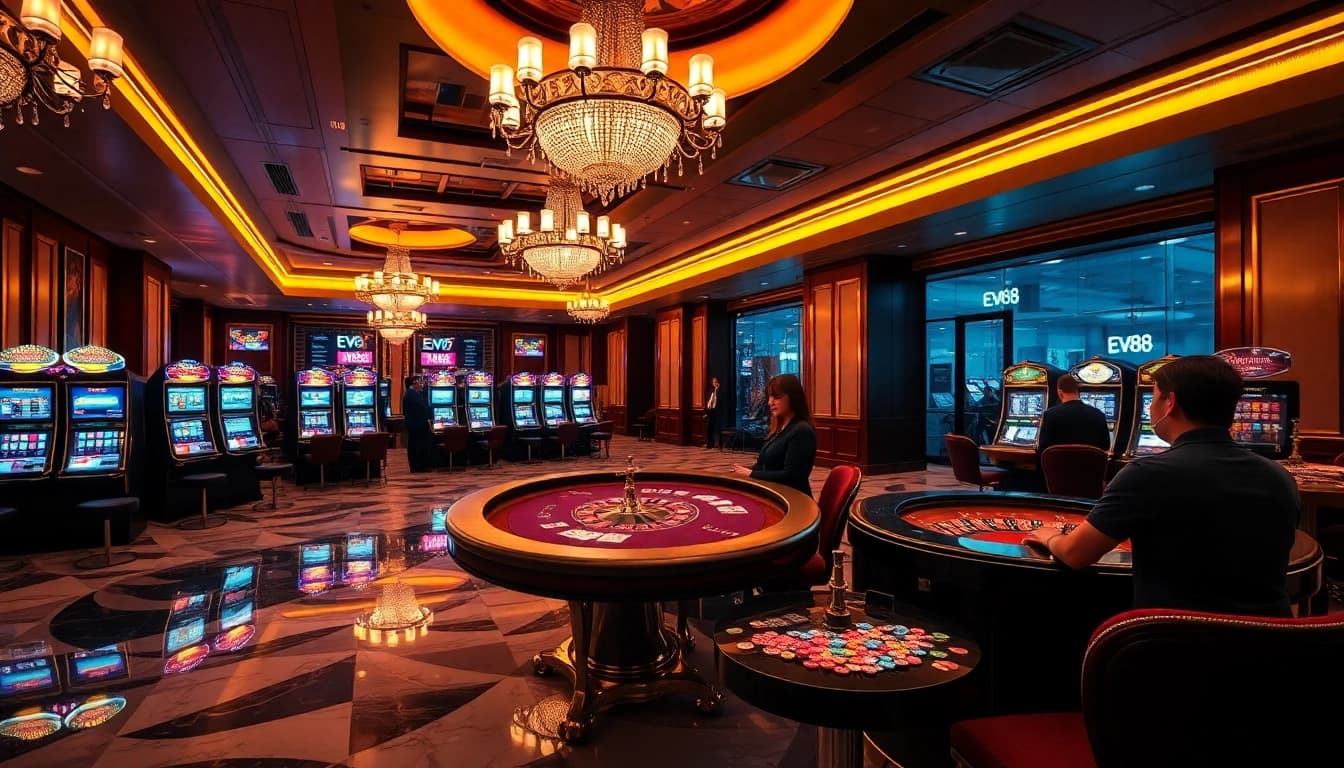 Players enjoying high-stakes poker, showcasing the EV88 casino experience with luxury and excitement.