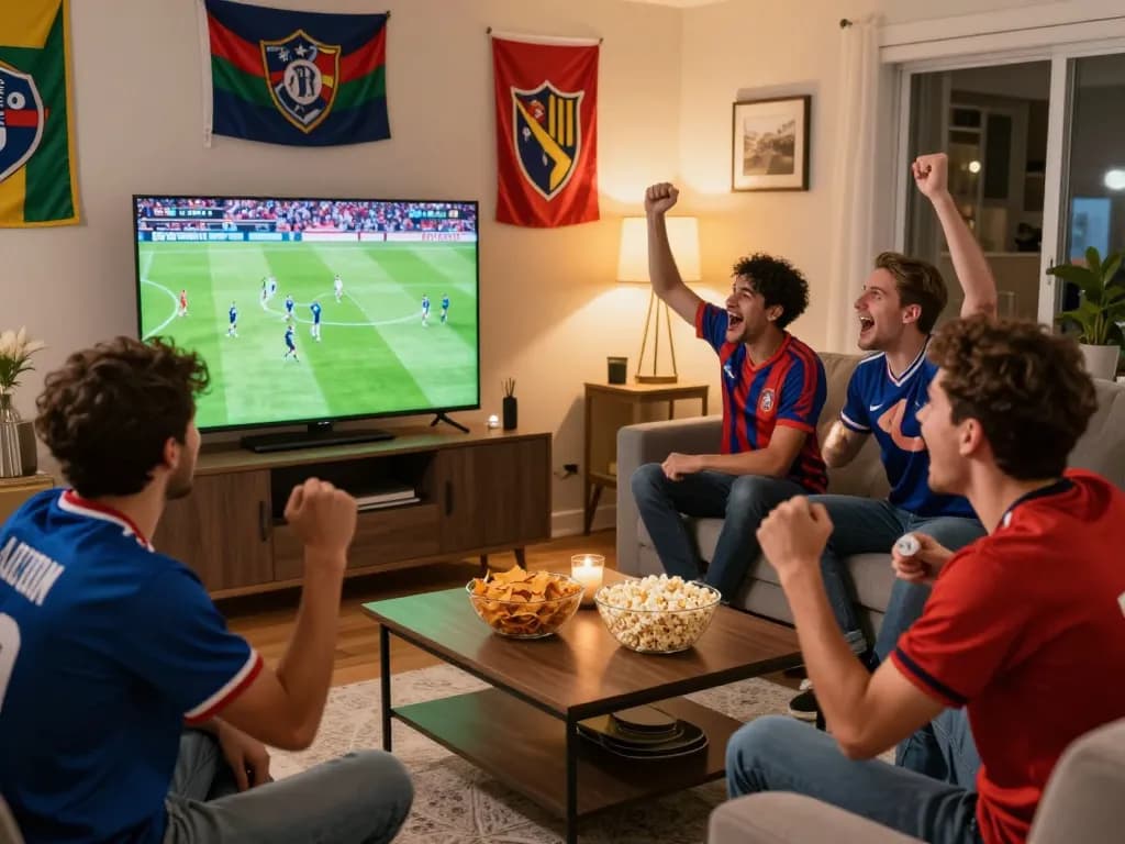 Fans cheering and enjoying ดูบอล in a lively living room during a football match, snacks on the table, vibrant atmosphere.