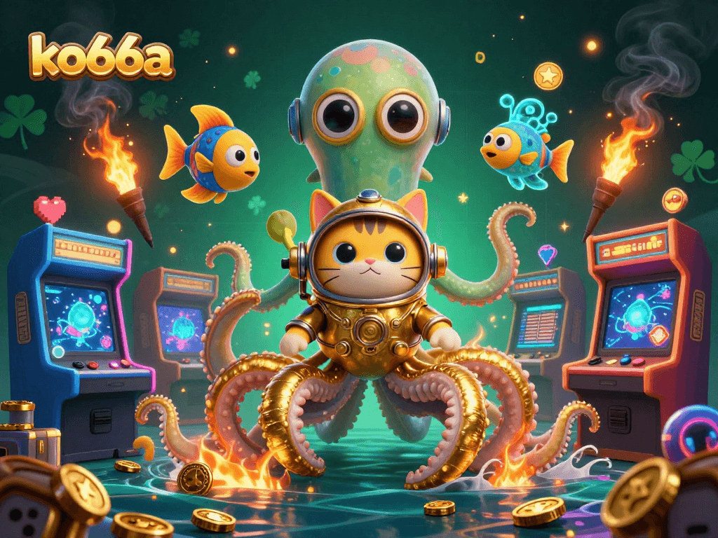 Experience the vibrant world of ko66a with a kraken and diving cat in a thrilling casino adventure.