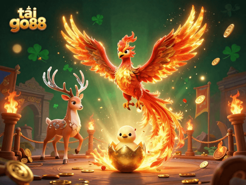 Experience thrilling action with tải go88 as a fire phoenix and stag soar amidst casino excitement.