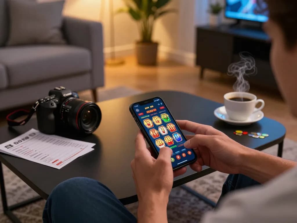 Engaging in go 88 mobile app gameplay in a cozy living room with coffee and strategy notes