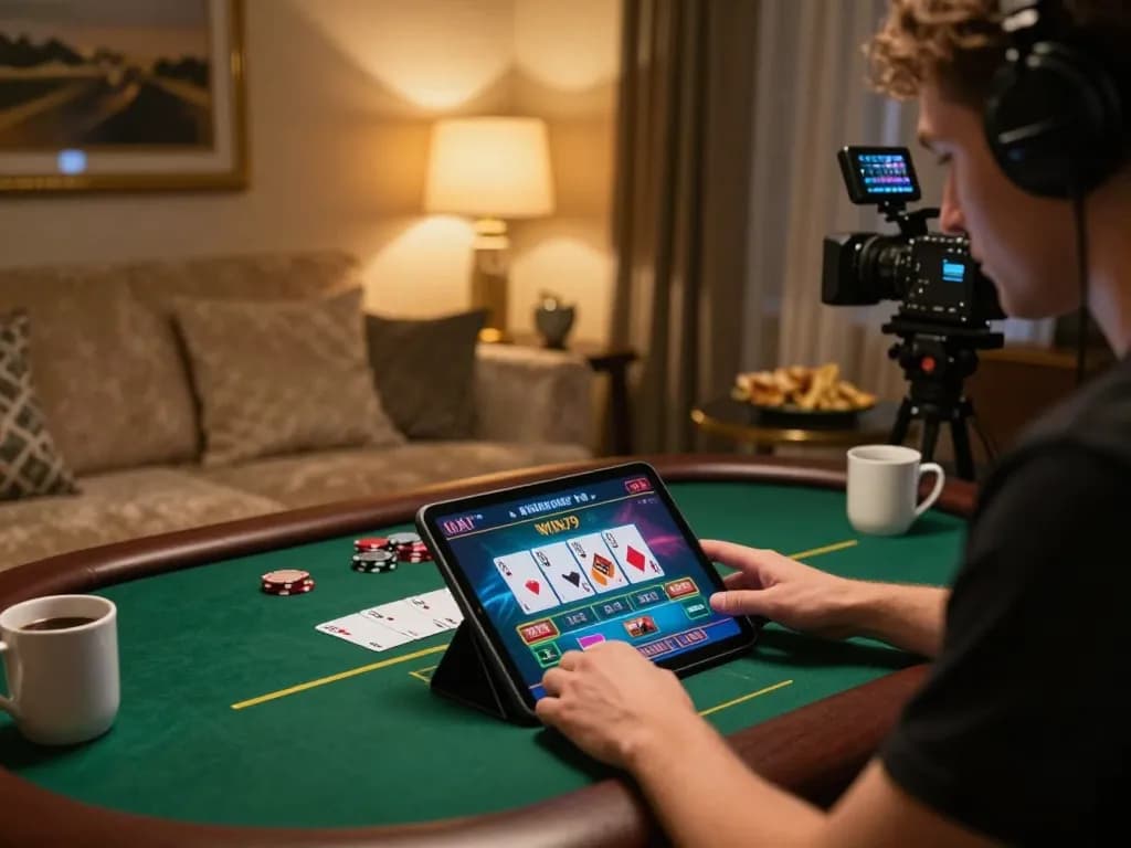 Gamer enjoying engaging poker game on tablet at WIN79 online casino setup.