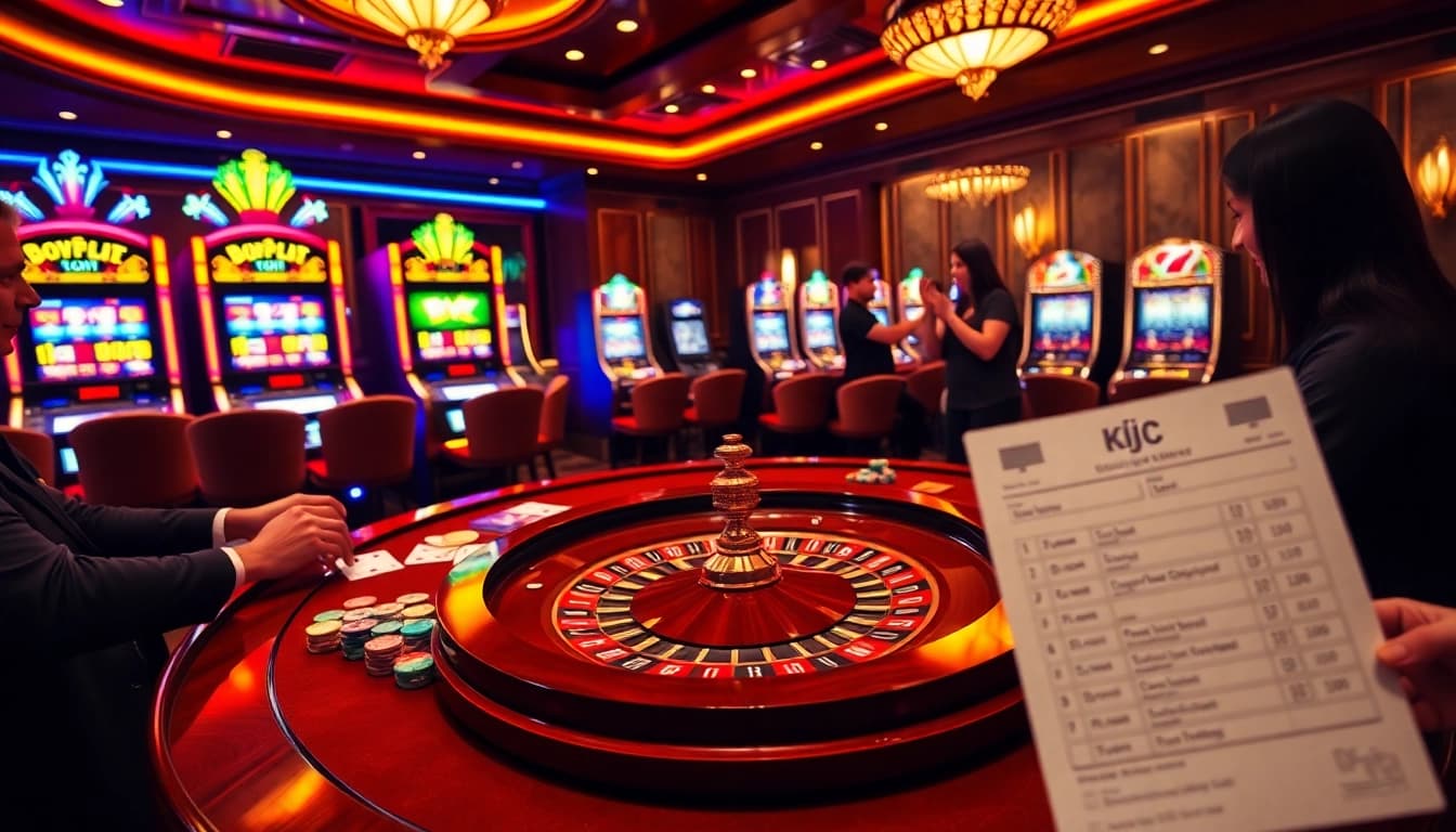 KJC gaming table with poker chips and cards highlighting high-stakes excitement at a luxurious casino.