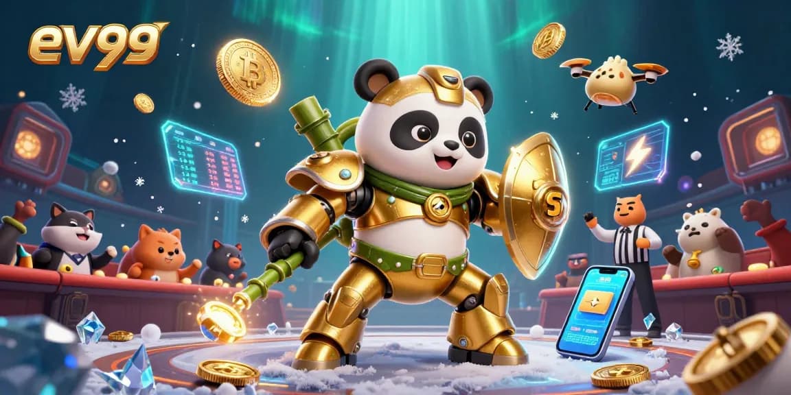 Engage in thrilling action at ev99 with a panda pilot in a vibrant casino arena filled with dynamic gambling elements.