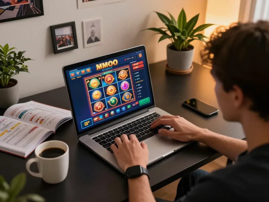 Engaged player exploring MMOO online casino on laptop while tracking betting strategies with coffee.