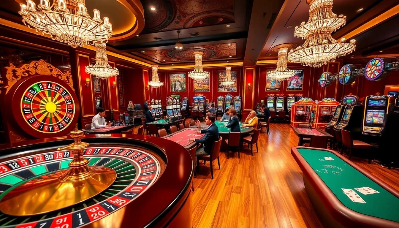 Cổng Game DEBET offers a vibrant casino experience with roulette, poker tables, and slot machines.