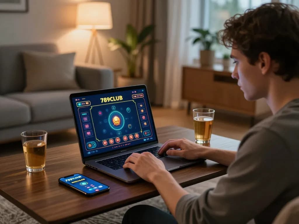 Engaged gamer enjoying 789CLUB on a laptop at home, displaying strategic gameplay and responsible gambling.