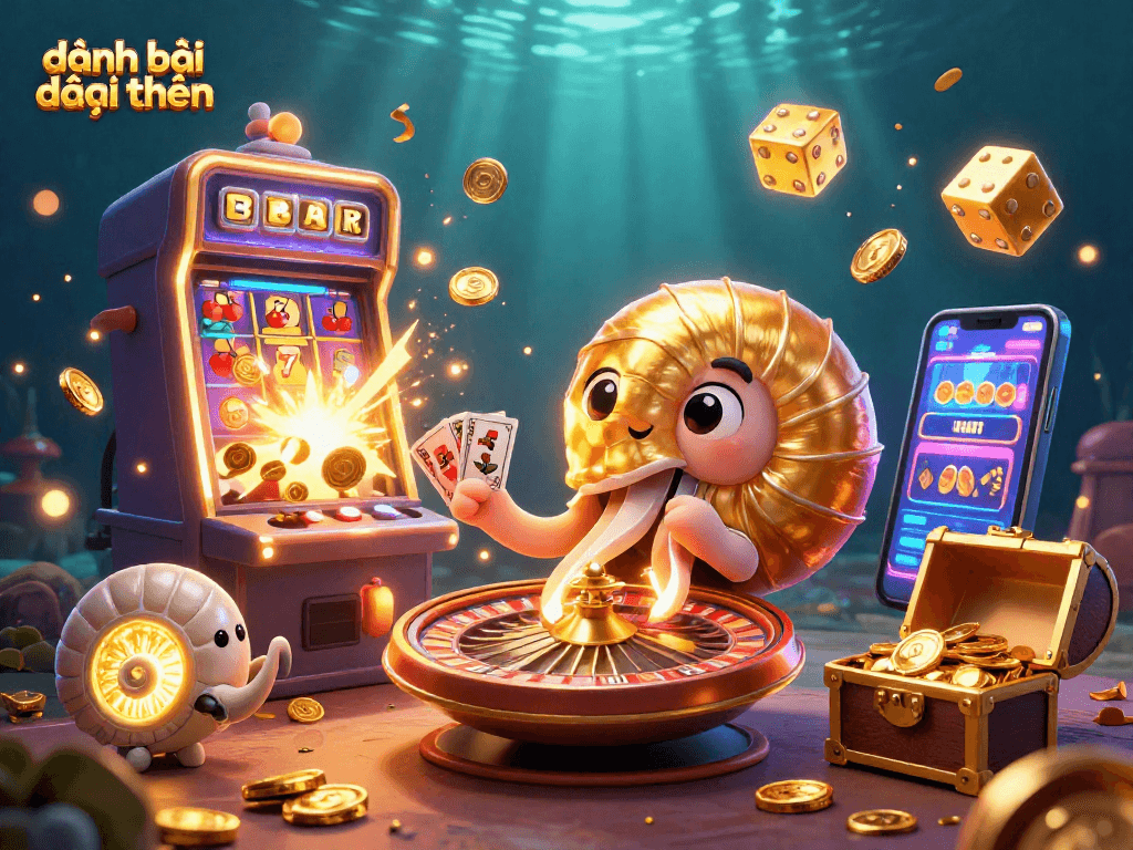 Experience exciting đánh bài đổi thưởng in a vibrant 3D casino scene with jackpots and glowing characters.