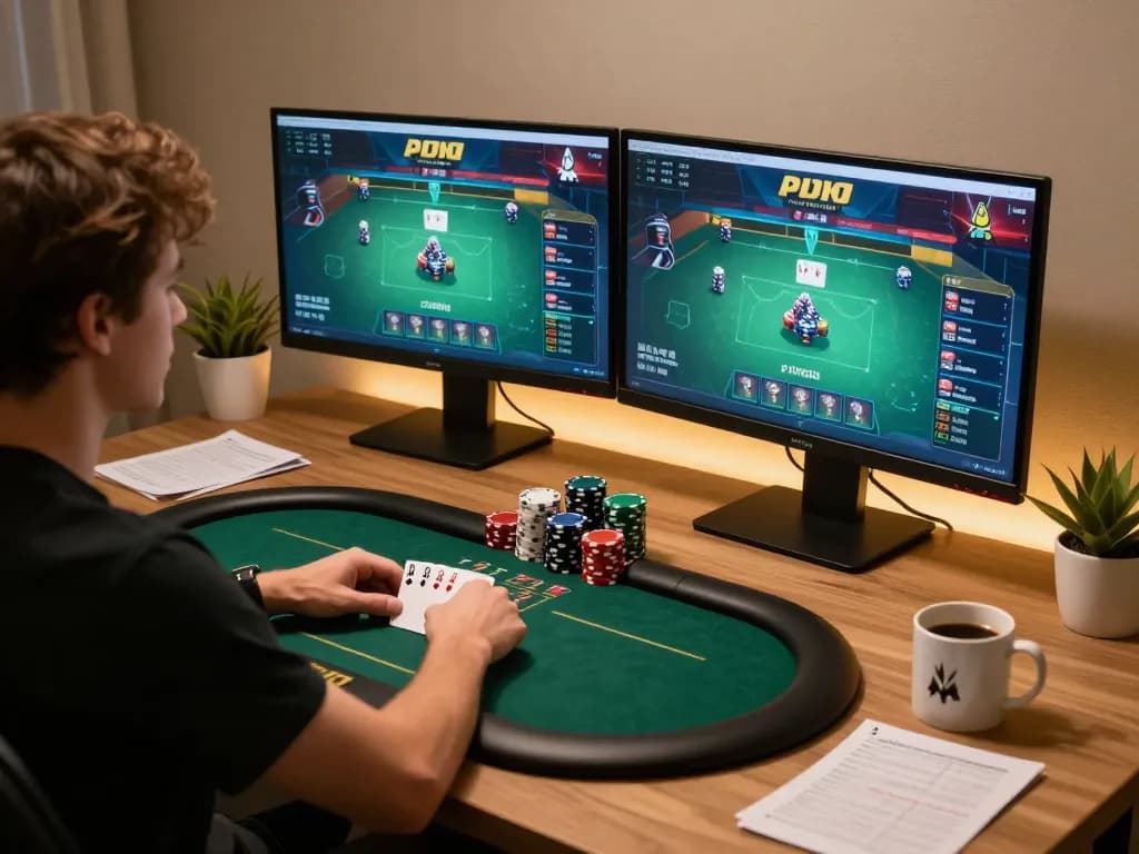 Player engaging in MM 88 poker game on multiple screens, highlighting strategic gameplay.