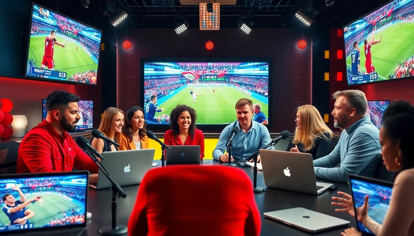 Engaging hosts in a sports broadcasting studio discussing live events highlighting Sports Broadcasting.
