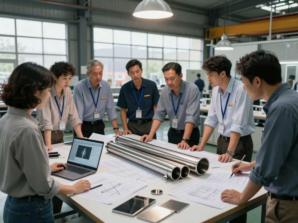 Engineers collaborating on Sumwin stainless steel designs in a modern manufacturing environment.