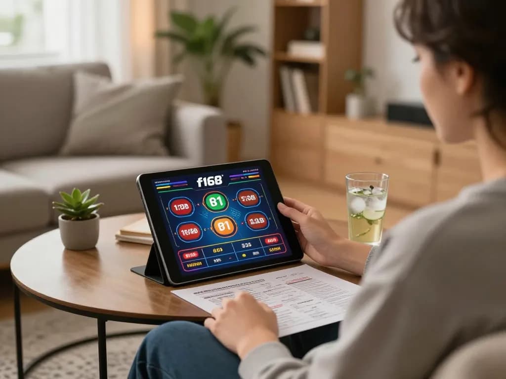 Player engaging with f168 online casino app on tablet in a cozy living room