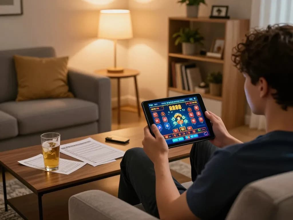 Player enjoying the RR88 online casino experience on a tablet from home, capturing strategic gameplay.