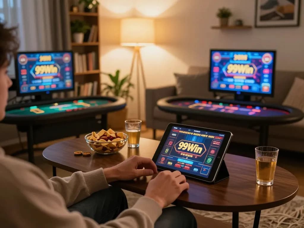 Person engaging in online gaming at 99Win using a tablet in a cozy home setting.
