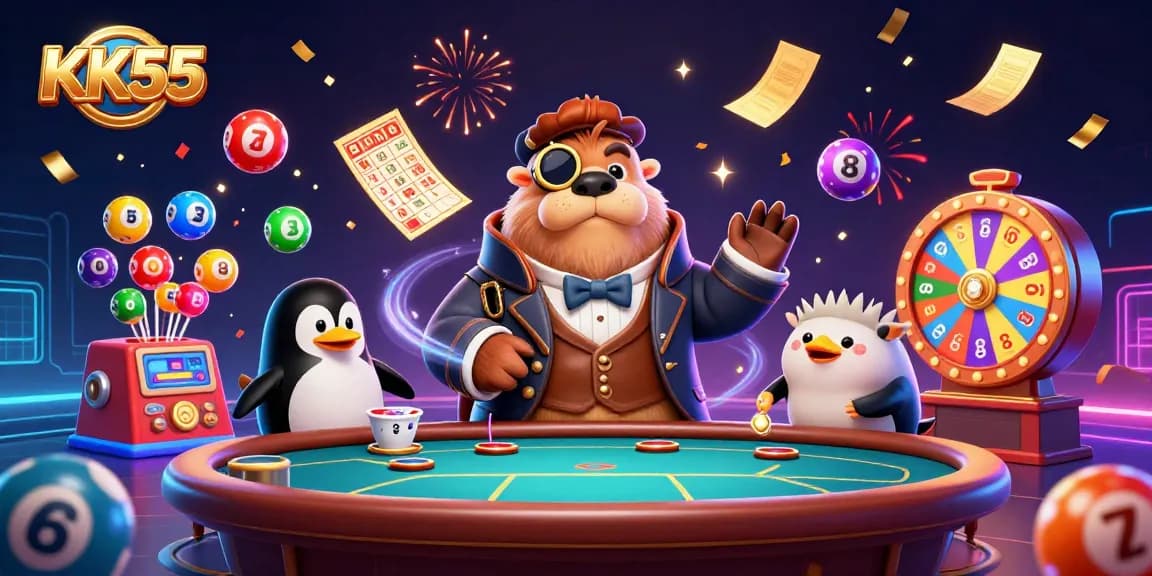 KK55 invites players to play at a vibrant underwater poker table featuring animated characters and casino elements.