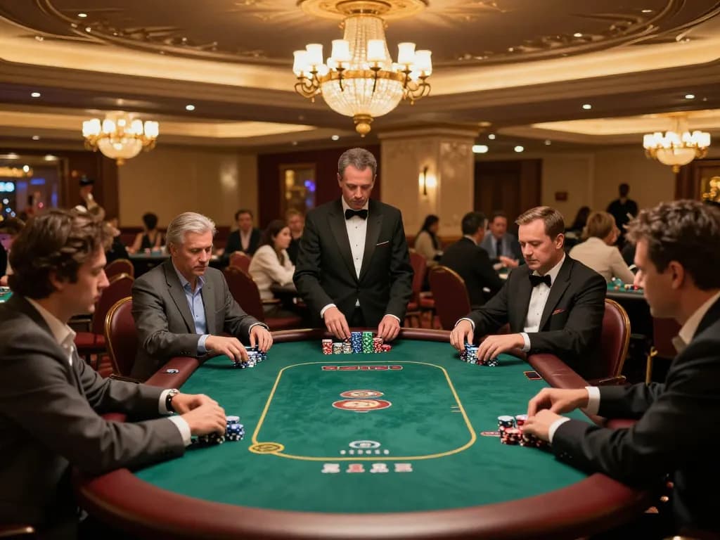 Players compete in a thrilling poker game at FC88 in a luxurious Las Vegas casino, illuminated by elegant chandeliers.