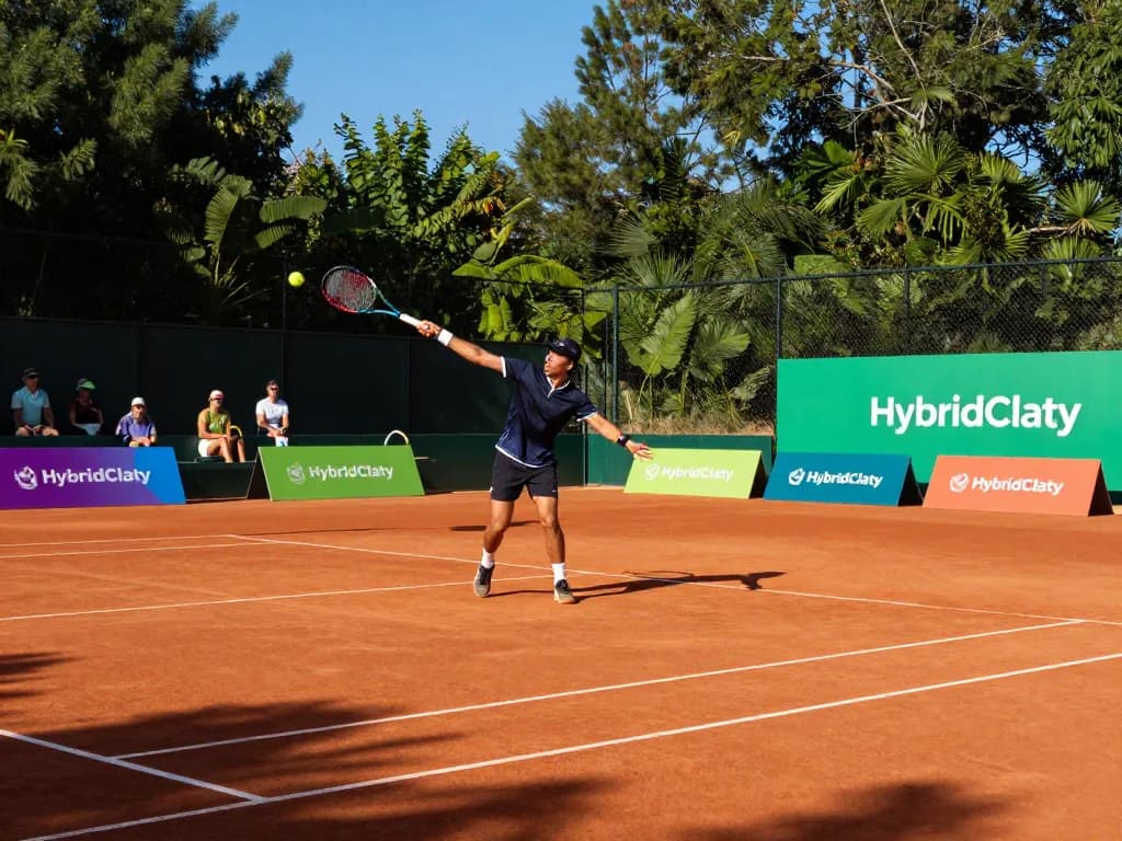 Player enjoying tennis on Hybrid Clay court with natural clay texture and vibrant surroundings.