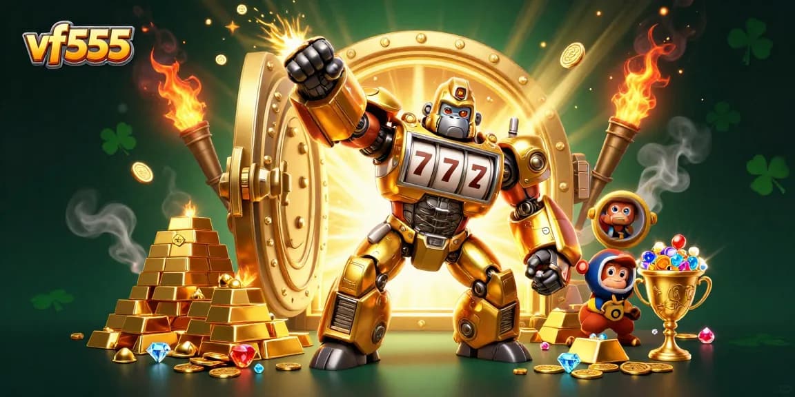 Engage in thrilling gaming adventures with vf555's vibrant 3D casino illustration featuring a golden gorilla mech.