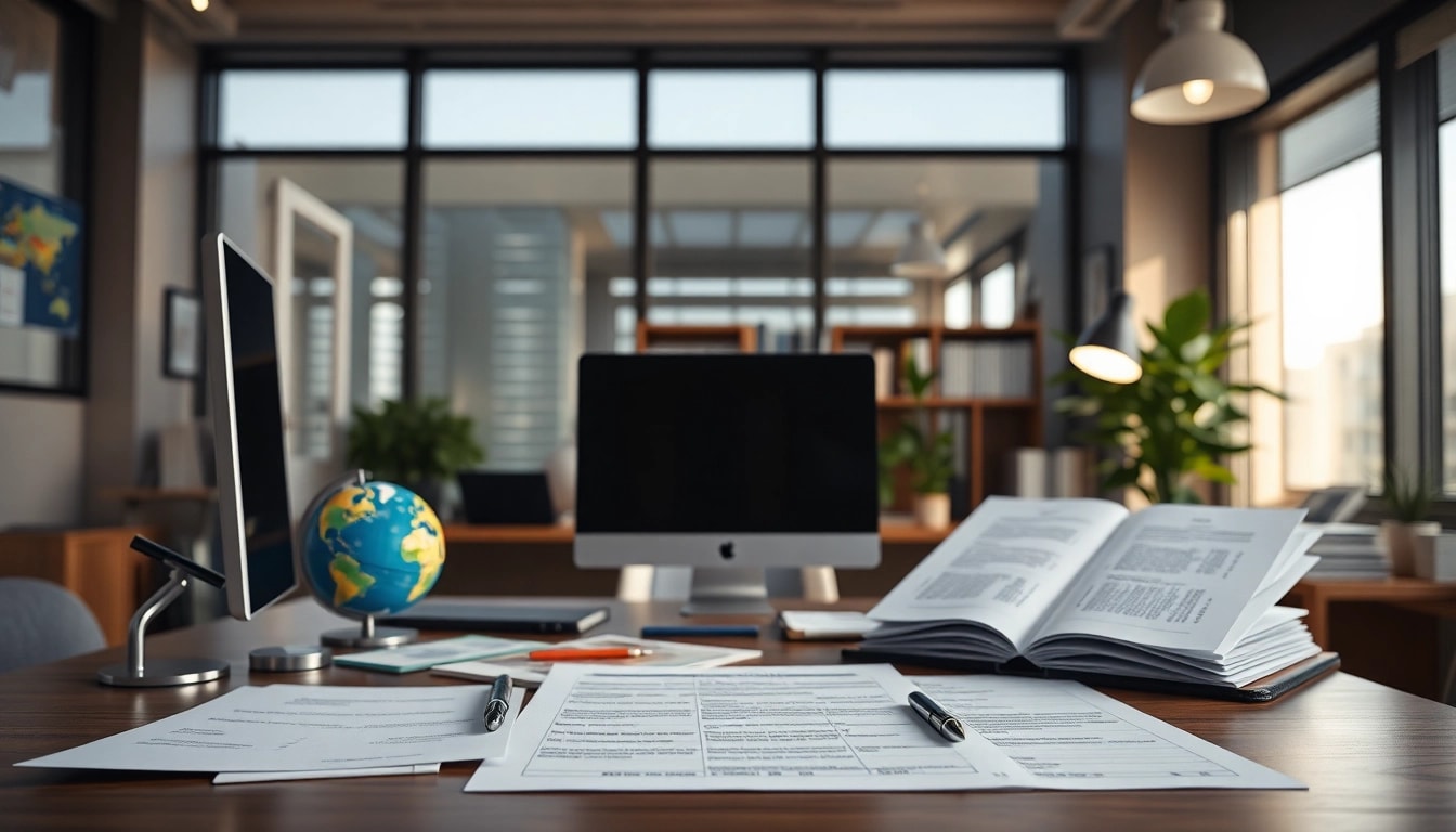Facilitating uk eta online application in a modern office with organized workspace.