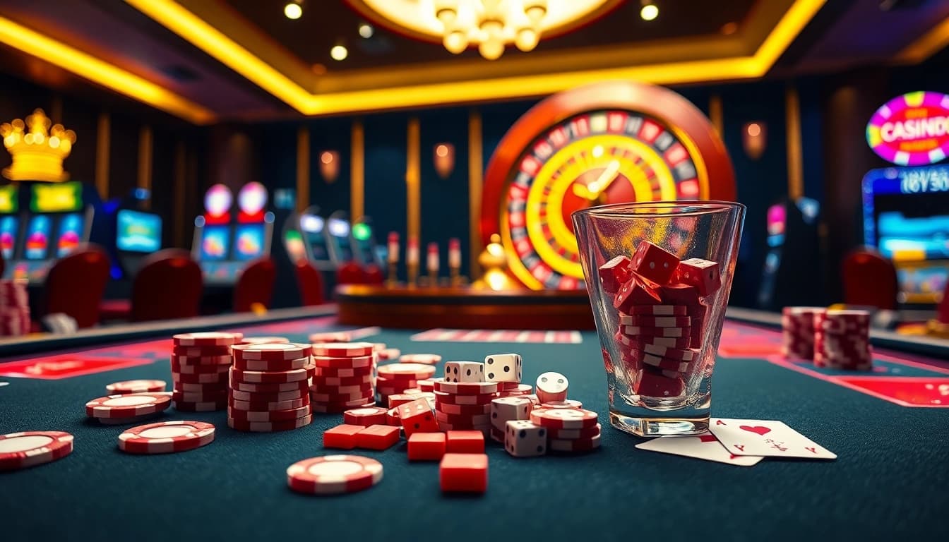 Experience the excitement of gambling at https://www.bdtk1.app/ with vibrant poker tables, chips, and a spinning roulette wheel.