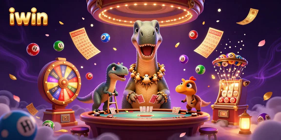 Experience the thrill of iwin with a brontosaurus and raptor in a vibrant casino scene.