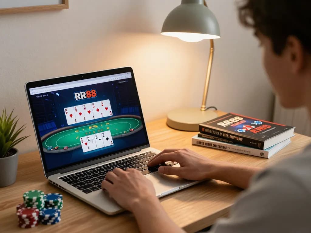Engaging online gambling experience with RR88 poker on laptop and strategic books at home.