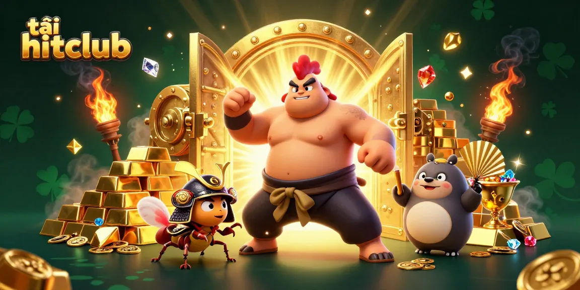 Tải hitclub with high-energy 3D illustration featuring a powerful sumo rooster, a fierce cricket, and a tanuki announcer amidst golden gambling elements.