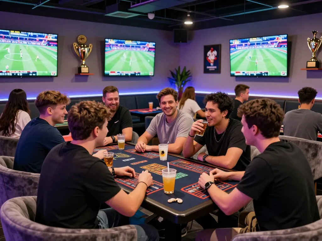 Friends enjoying a lively debet betting experience in a modern sports lounge with screens showing live events.