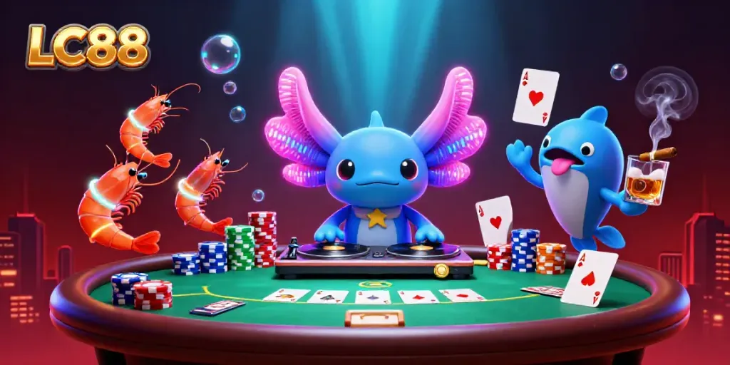 Experience the vibrant LC88 casino scene with animated axolotl DJ and poker elements.