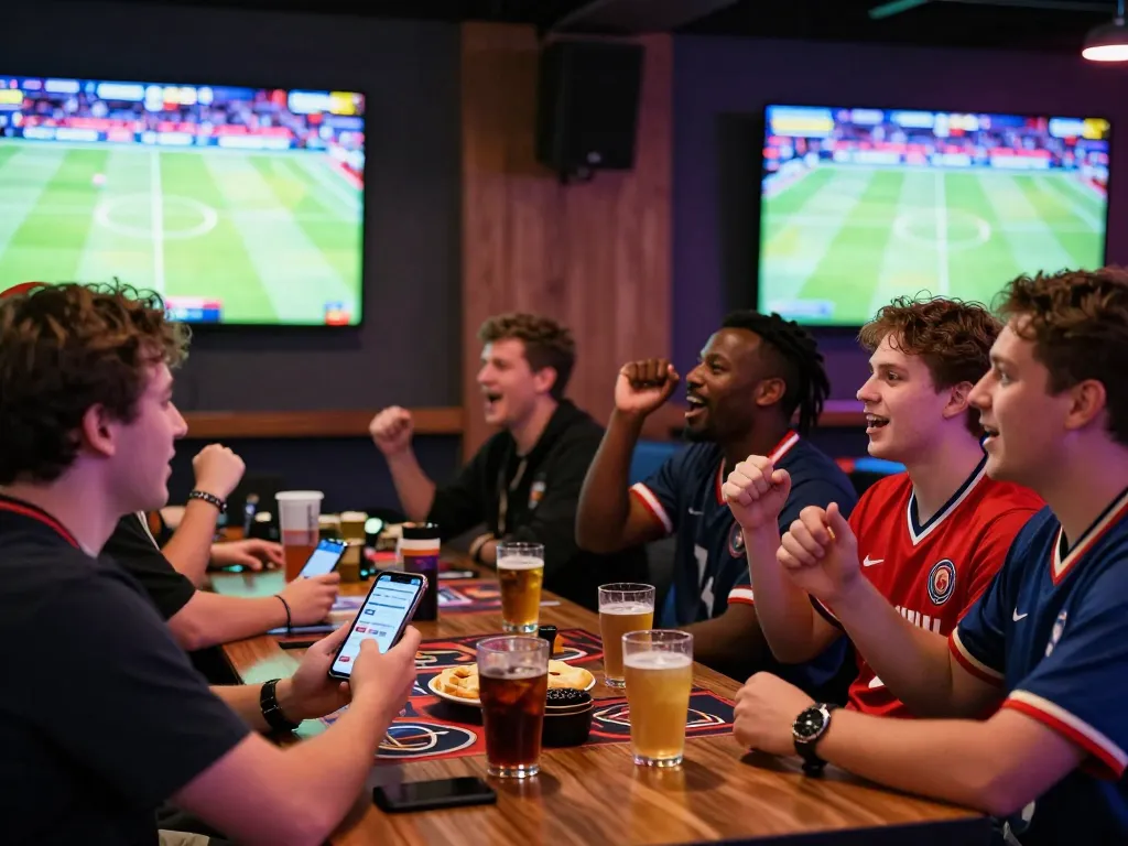 Exciting sports betting scene with friends enjoying zbet app in vibrant lounge.