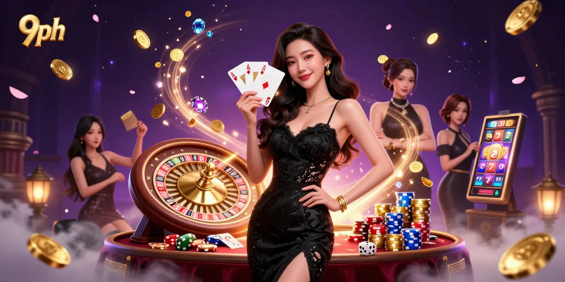Win big with 9ph as a beautiful dealer showcases ace cards at a luxurious casino.