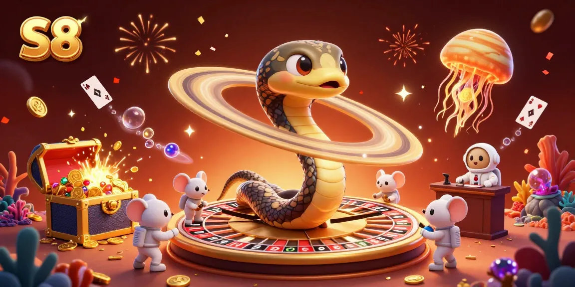 S8 spins the roulette at a vibrant cosmic casino with celebratory elements and astronaut mice.