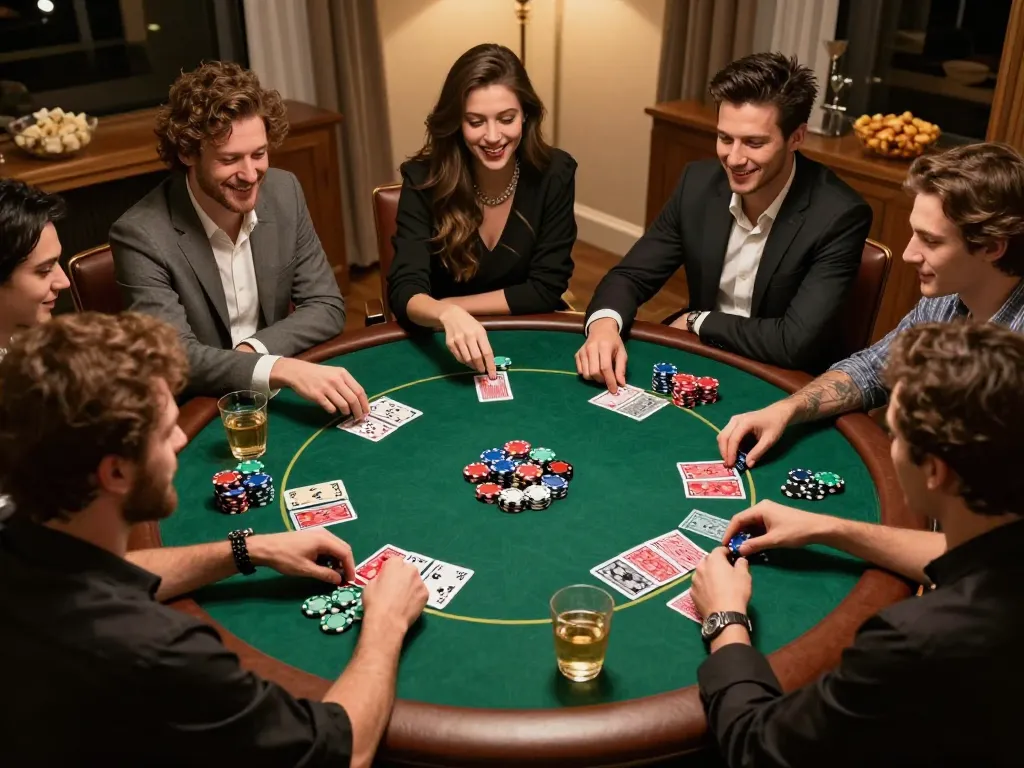 Friends enjoying a lively poker game at home with Red88-themed beverages and snacks.