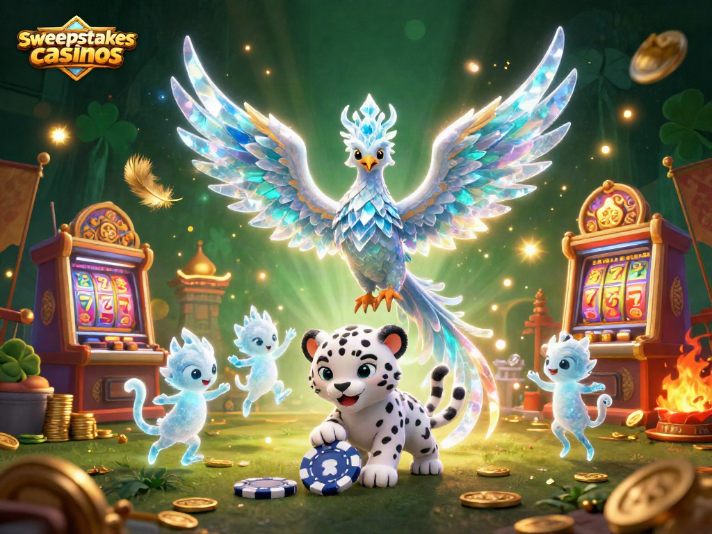 Experience sweepstakes casinos with an ice phoenix and playful snow leopard in a vibrant 3D scene.