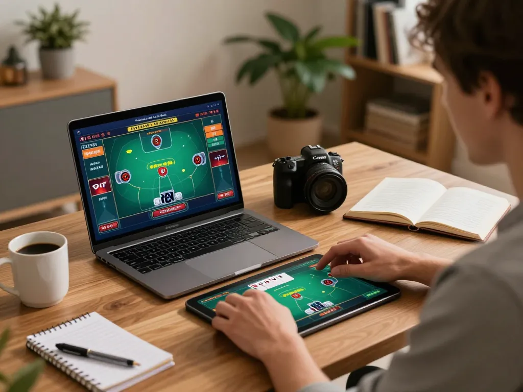 Engaged player using laptop for nohu26 online poker game at home, showcasing strategic gaming atmosphere