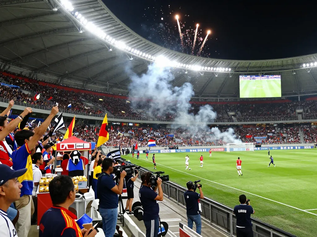 Football match atmosphere with fans cheering and players in action during a thrilling game involving ฟุตบอล.
