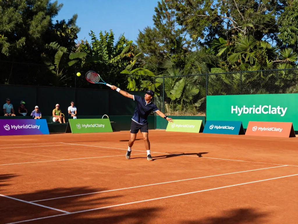 Player enjoying tennis on Hybrid Clay court with natural clay texture and vibrant surroundings.