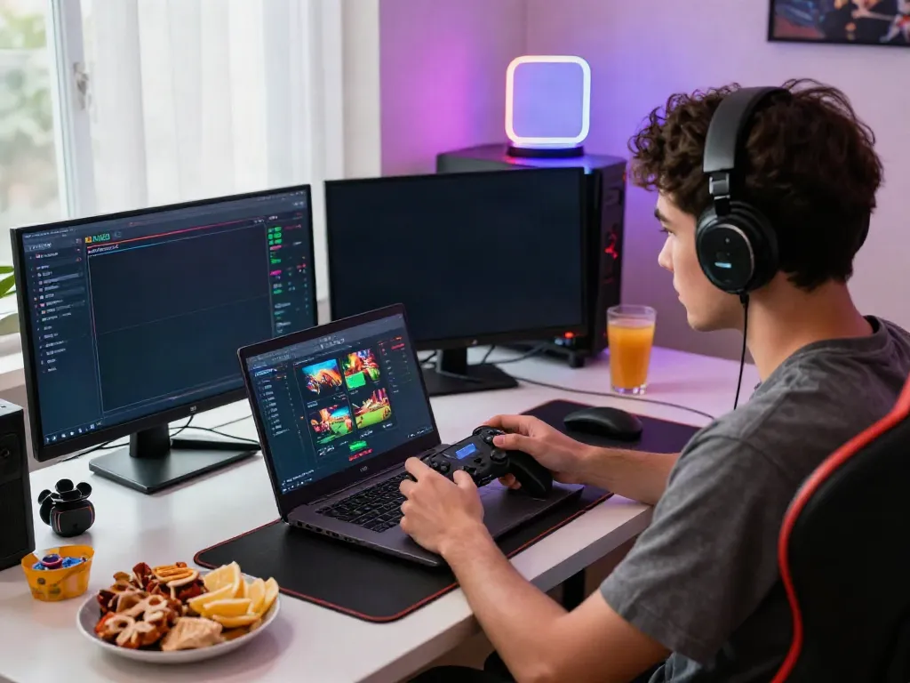 User engaged with the DA88 gaming platform on a laptop, surrounded by vibrant decorations and gaming equipment.