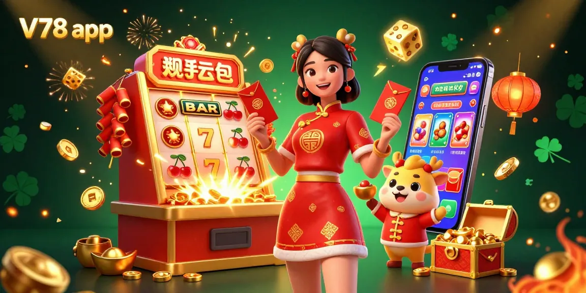 Rasakan kegembiraan aplikasi V78 dengan suasana kasino 3D yang cerah menampilkan slot yang memenangkan dan elemen meriah.