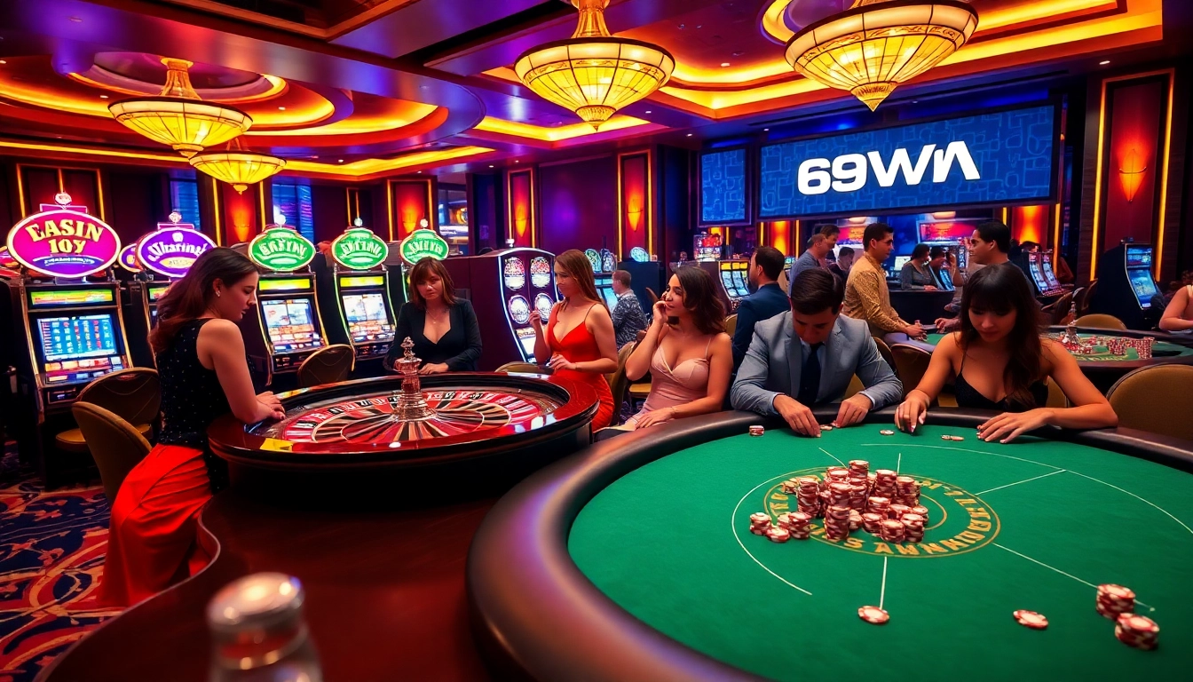Experience excitement at 69VN with players enjoying roulette and poker in a luxury casino environment.