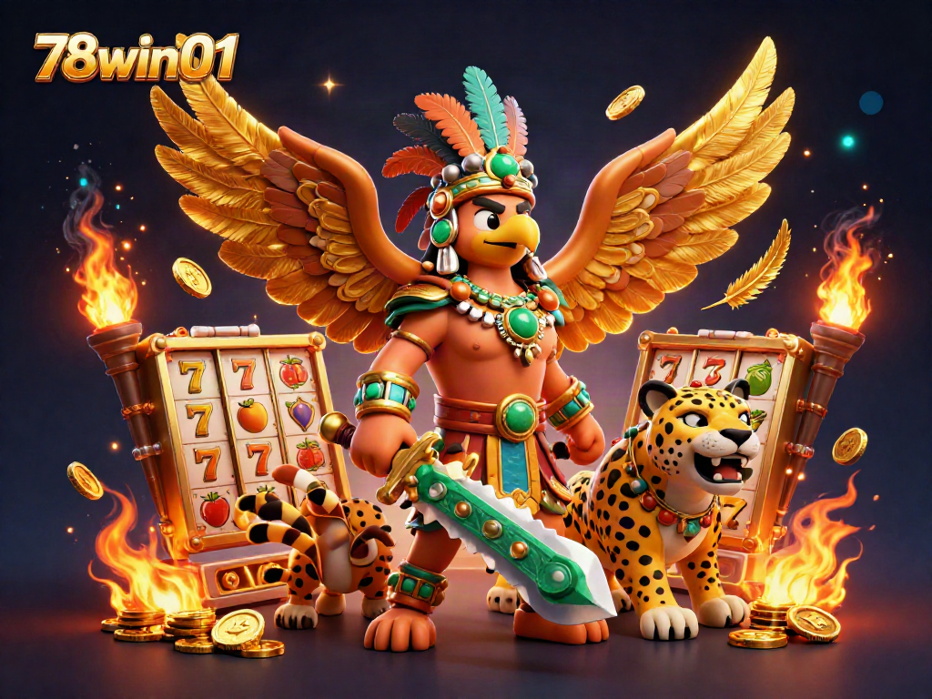 Win big with 78win01 as the Aztec warrior battles in a vibrant casino scene.