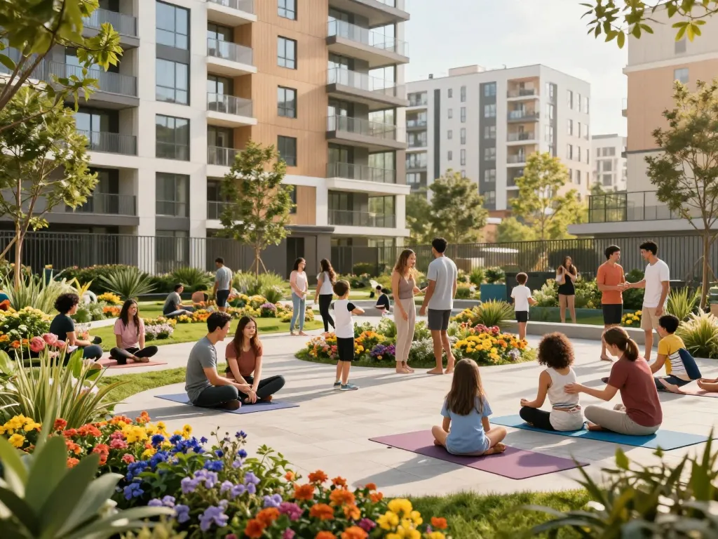 Five88 community featuring residents enjoying a vibrant urban garden with modern apartments.