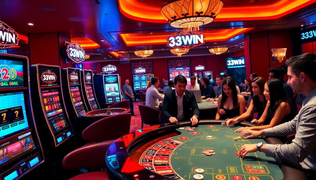 Players enjoying exciting games at 33WIN casino with vibrant slot machines and roulette wheel.