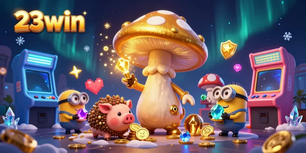 Engage with 23win's magical gaming world featuring a golden mushroom wizard, treasure-hunting pig, and vibrant arcade elements.