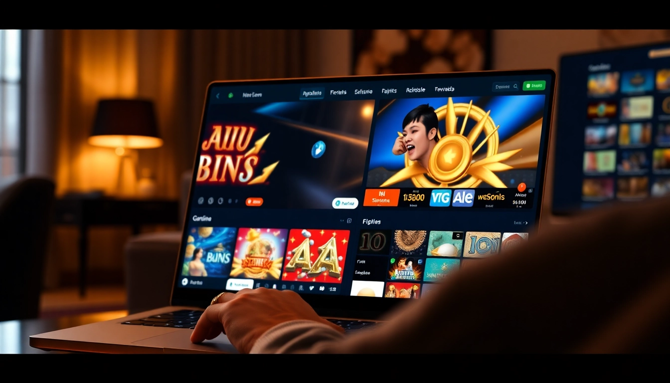 Experience online gaming at https://69vn.day/ with a sleek laptop displaying a vibrant casino interface.