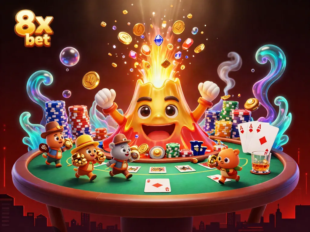 Experience the thrill of winning at 8x bet with vibrant casino elements and triumphant characters.