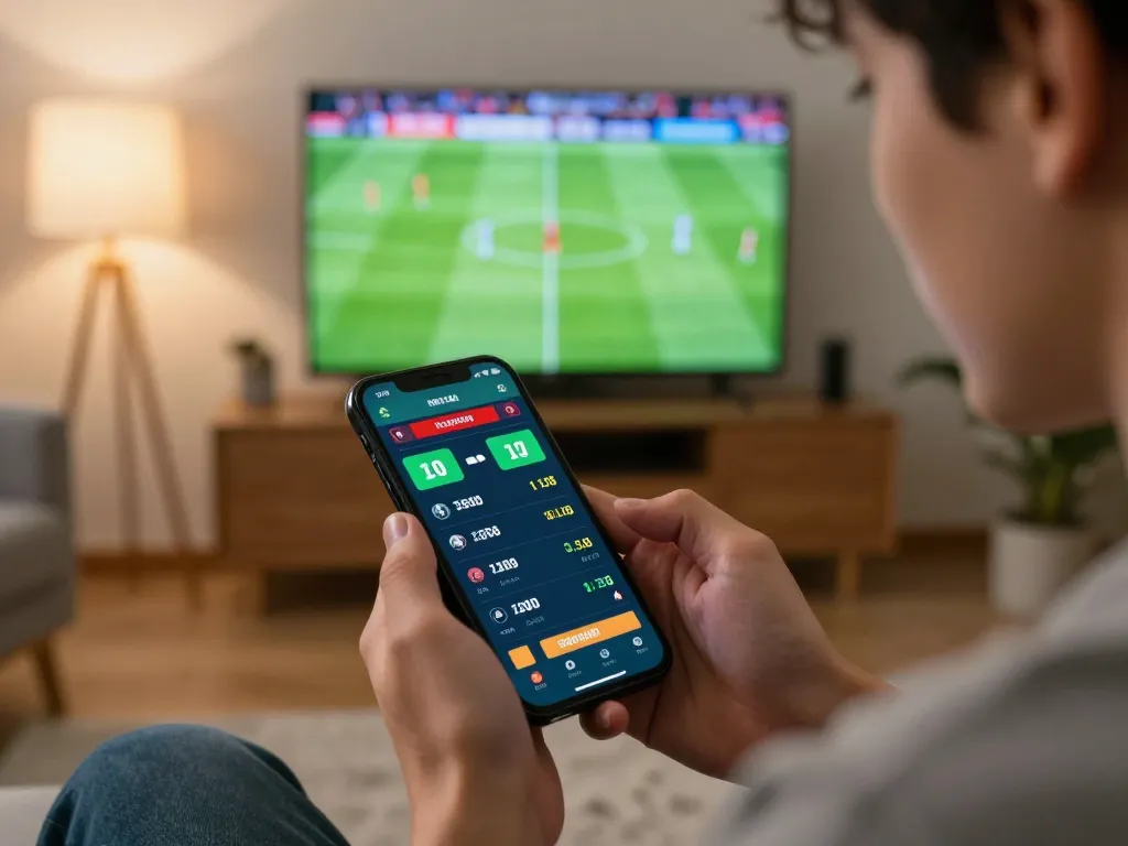 Experience trực tiếp đá bóng on a smartphone with real-time betting odds in a cozy home setting.