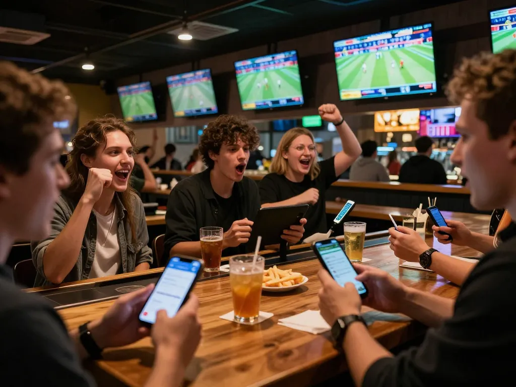 Fans placing bets on lc88.com during live sports events, capturing the excitement and camaraderie in a vibrant sports bar