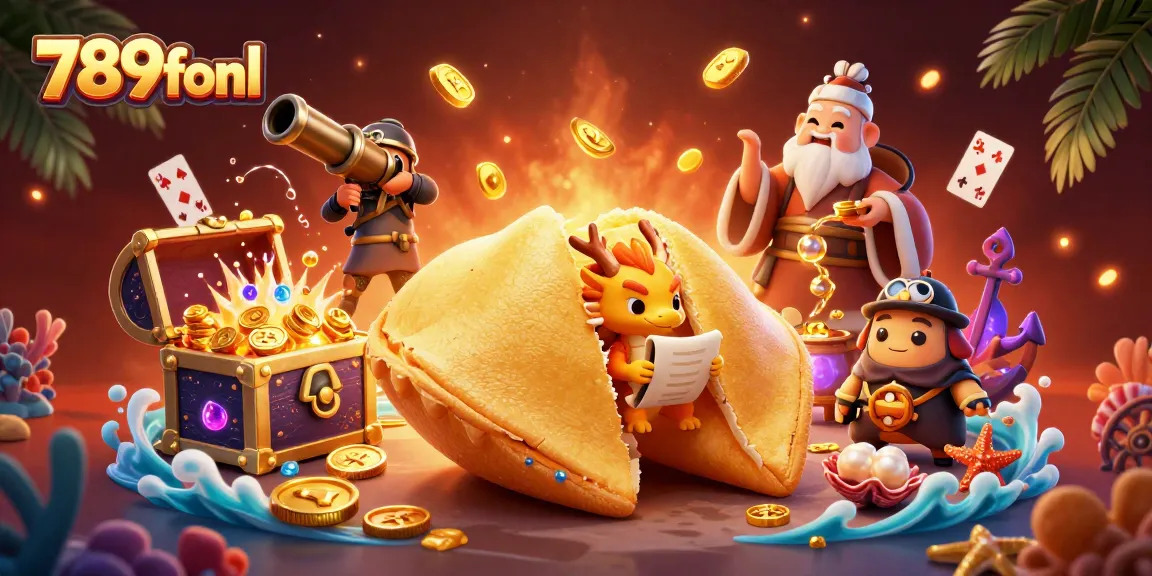 Immerse in 789fonl’s vibrant casino scene with a golden fortune cookie and playful dragons.