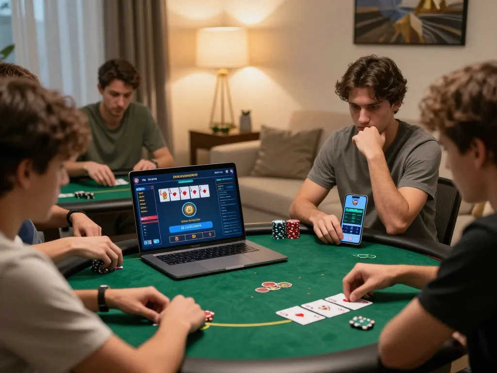 Engaging online poker gameplay at home featuring VIN88 app, showcasing players' strategic moves.